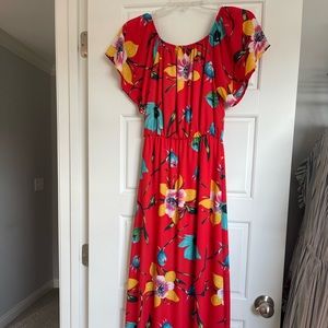 Fringe Off the Shoulder Strapless Long Red Floral Dress